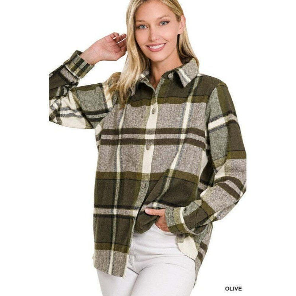 SALE! Zenana Plaid Flannel Shacket in Olive S-L New QJL-1278Y - Picture 2 of 2